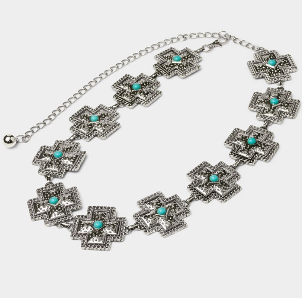 Simons Cross Medallion Turquoise Stone Waist Belt Adjustable Chain Silver Tone